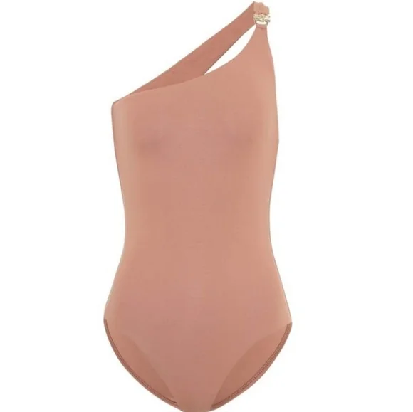 New Melissa Odabash Asymmetric Strap Gold Hardware Mocha One Piece Swimsuit Med
